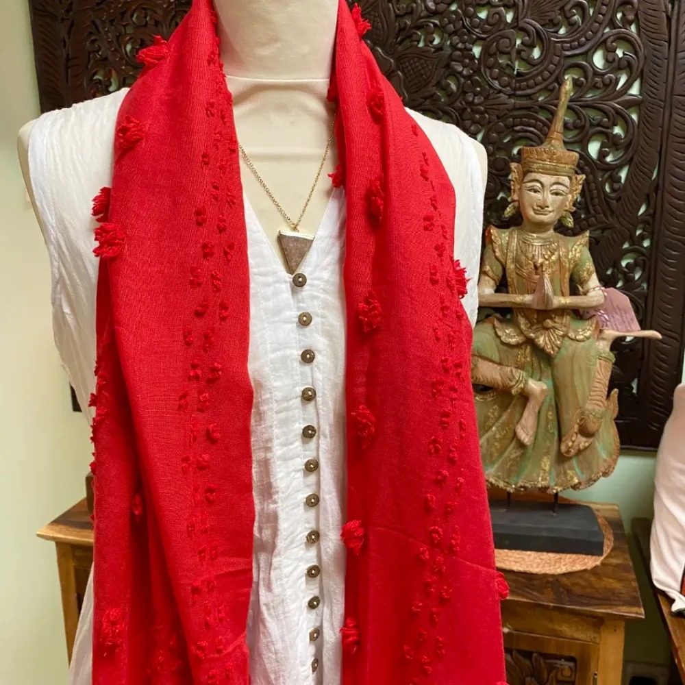 Cotton Scarf with Nobs - Red