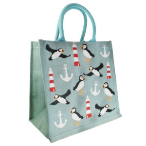 Jute Bag -  Lighthouse and Puffins
