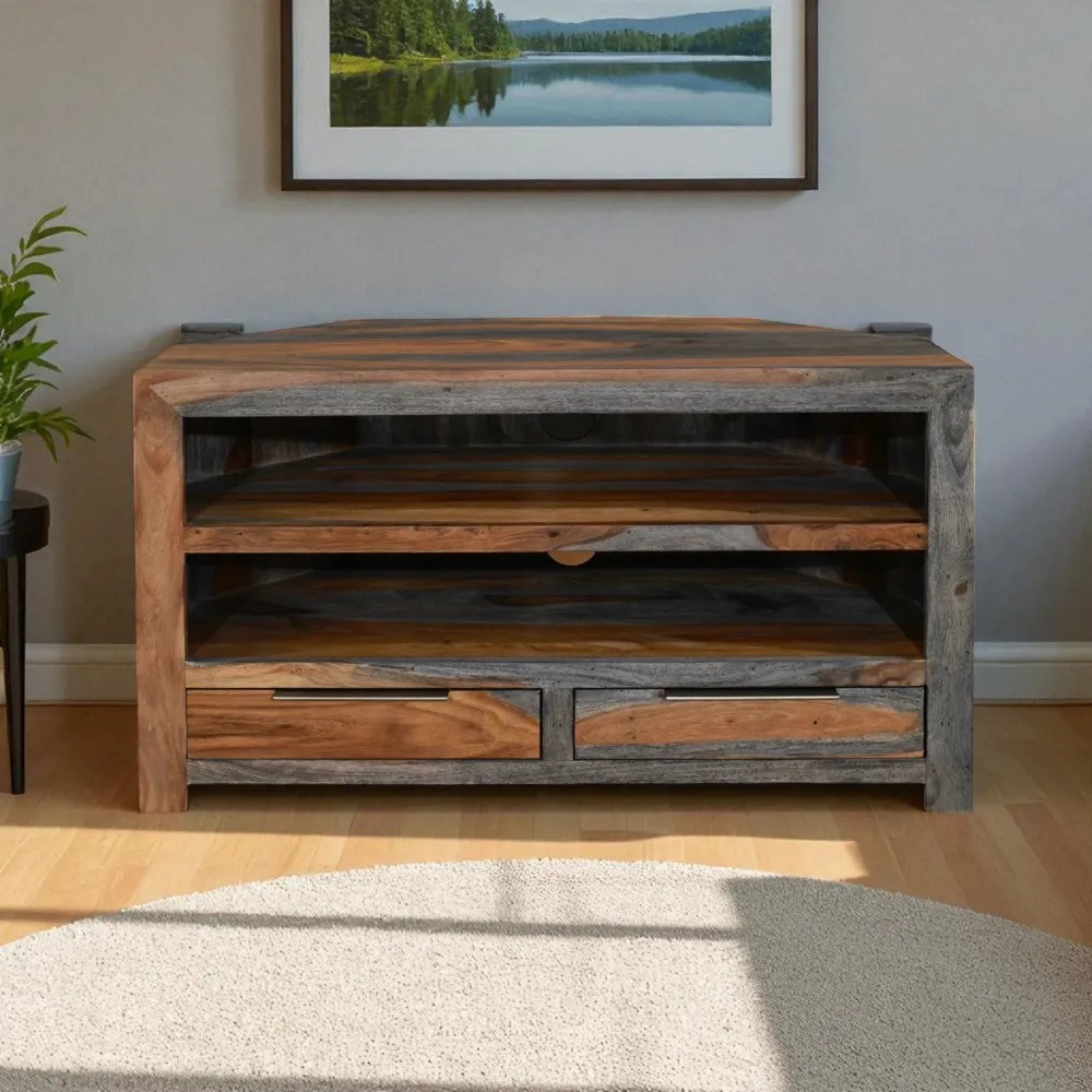 Modern Grey Washed Sheesham Corner TV Unit