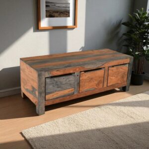 Modern Grey Washed Sheesham 3 Drawer Coffee Table