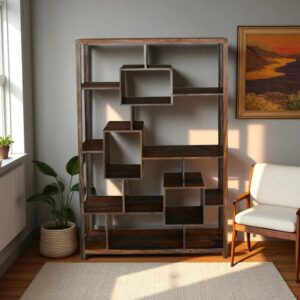 Modern Grey Washed Sheesham Abstract Bookcase