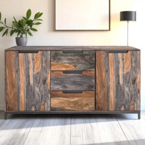 Retro Grey Washed Sheesham 3 Door Sideboard